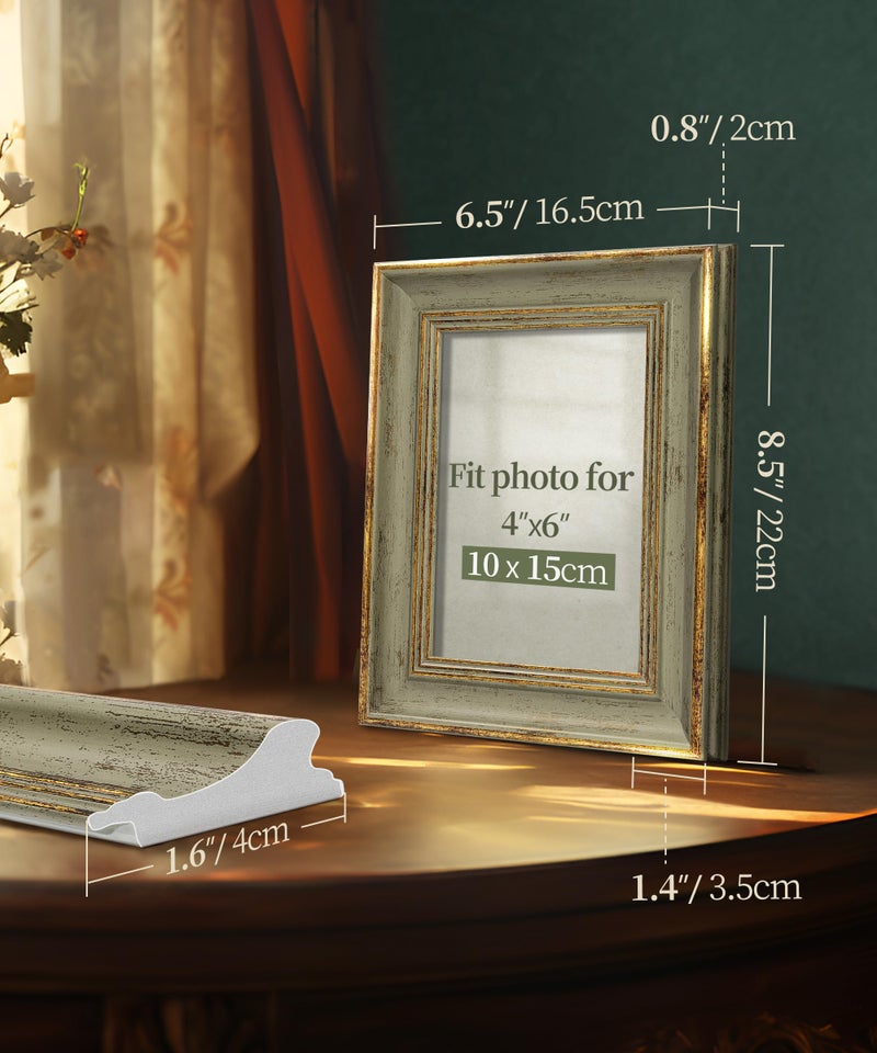 Afuly 4x6 Picture Frame Antique Vintage Gold Sage Green Single Photo Frame for Desk Wall Gallery Artworks Portrait Landscape Unique Birthday Gifts for Grandma Mom Women - Image 3